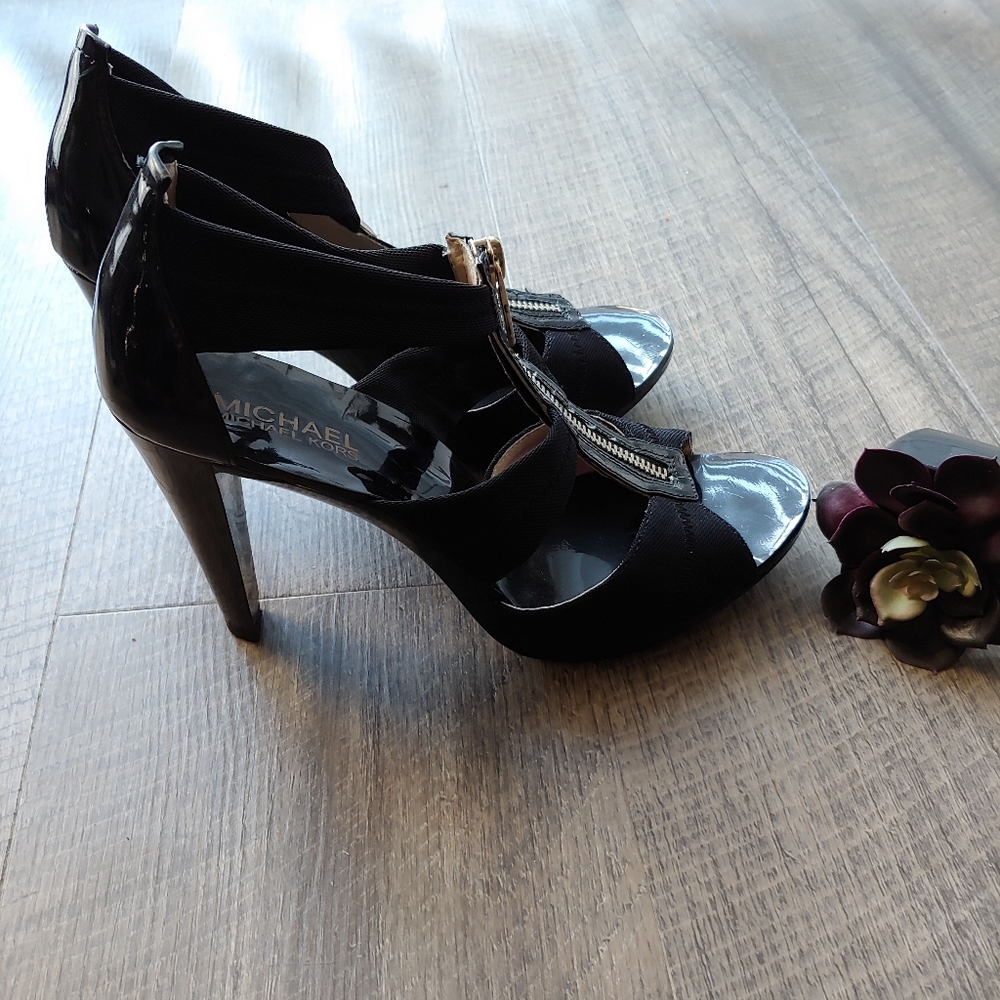 Micheal Kors Black Zip Up Heels Stretch Strappy - Picture 4 of 5